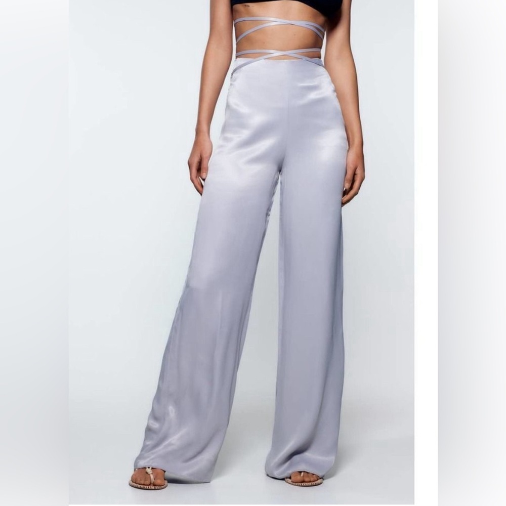 Full length, grey/silver satin effect high waist Zara pants with side tie